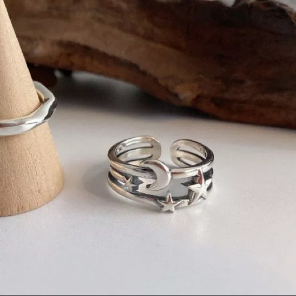 925 Sterling Silver Moon Star Adjustable Ring A - Picture 4 of 6